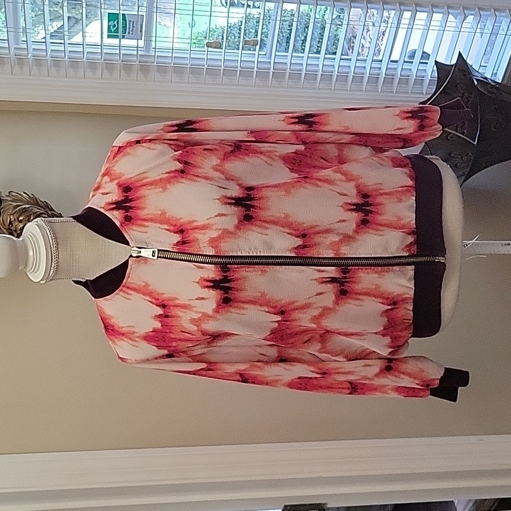 It Girl coral pink wine zip front top jacket long sleeve stretch tie dye…L EUC